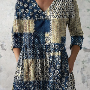 Casual Geometric V Neck Long Sleeve T-shirt, T-shirts, color:Navyblue|size:4XL, catalog Noracora shop