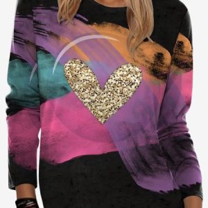 Women's Valentine's Day Love Hear Print Graphic Long Sleeve Crew Neck T-shirt, JustFashionNow T-Shirts, color:Pink|size:XXL,