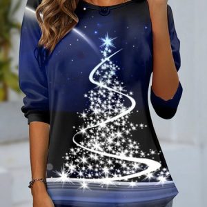 Women's Long Sleeve Tee T-shirt Spring/Fall Christmas Jersey Crew Neck Daily Going Out Casual Top, JustFashionNow T-Shirts, color:Navy Blue|size:XXL,