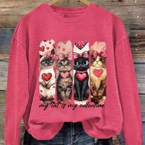 Women's Crew Neck Cat Casual Spring/Fall Long Sleeve Sweatshirt, JustFashionNow Sweatshirts & Hoodies, color:Rose Red|size:XXL,