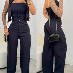 2 Pieces Outfit Bandeau Button Decor Vest Top and Casual Wide Leg Pants Set, women Two-piece Sets, ChicMe catalog