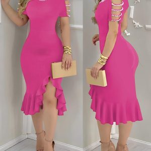 Cold Shoulder Beaded Slit Bodycon Dress Ruffle Hem Zipper Back Party Dress, women Party Dresses, ChicMe catalog
