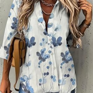 Women Floral Long Sleeve Shirt Spring/Fall Printing Shirt Collar Daily Casual Top, JustFashionNow Shirts, color:As Picture|size:XXL,