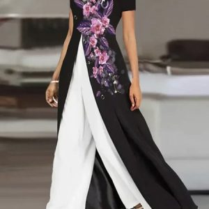 Plus size Casual Floral Two-Piece Set, JustFashionNow Suit Set, color:Black-white|size:4X,