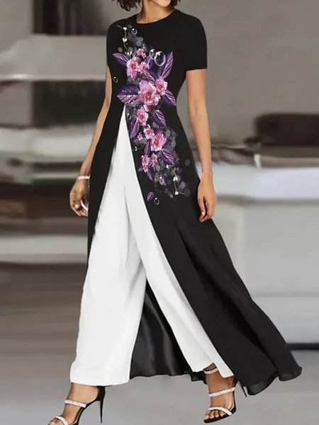Plus size Casual Floral Two-Piece Set, JustFashionNow Suit Set, color:Black-white|size:4X,