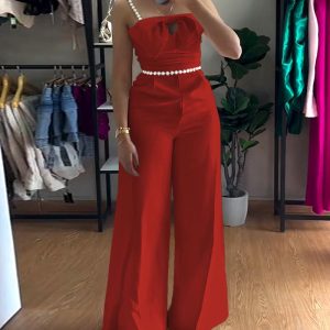 Bowknot Decor Beaded Spaghetti Strap Hollow-out Jumpsuit Casual Cinched Waist Peated Front Wide Leg Jumpsuit, women Jumpsuits, ChicMe catalog