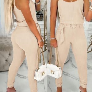 2 Piece U-Neck Spaghetti Strap Top O-Ring Belt Long Pants Ribbed Pants Set, women Two-piece Sets, ChicMe catalog