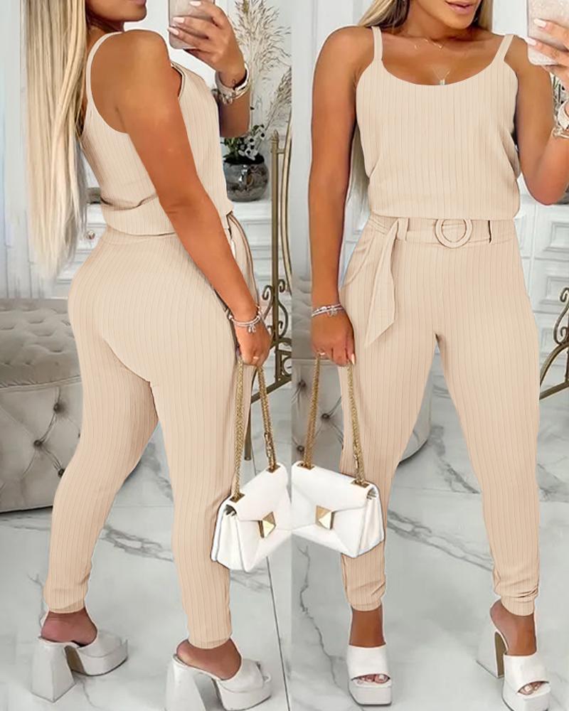 2 Piece U-Neck Spaghetti Strap Top O-Ring Belt Long Pants Ribbed Pants Set, women Two-piece Sets, ChicMe catalog