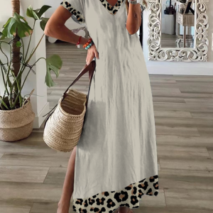 Women Leopard Short Sleeve Summer Printing Dress V Neck Daily Casual Maxi X-Line Dress, JustFashionNow Casual Dresses, color:As Picture|size:3XL,