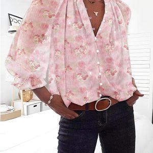 Glitter Lurex Floral Print Long Sleeve Blouse Front Button Casual Top, women Blouses & Shirts, ChicMe catalog