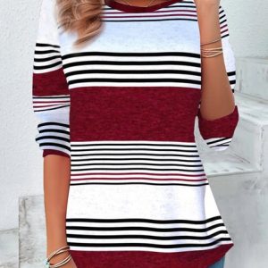 Women's Long Sleeve Tee T-shirt Spring/Fall Striped Jersey Crew Neck Daily Going Out Casual Top, JustFashionNow T-Shirts, color:Wine Red|size:XXL,