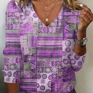 Women's Long Sleeve Tee T-shirt Spring/Fall Ethnic Jersey V Neck Daily Going Out Casual Top, JustFashionNow T-Shirts, color:Purple|size:XXL,