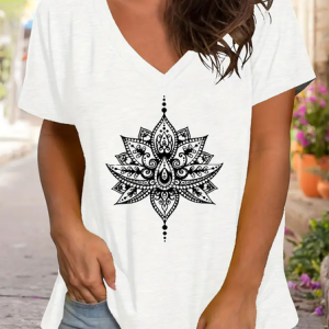 Women's Floral Short Sleeve Tee T-shirt V Neck Printing Casual Summer Graphic Tee Top, JustFashionNow T-Shirts, color:White|size:XXL,