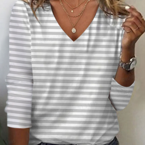 Women's Striped Long Sleeve Tee T-shirt V Neck Printing Casual Spring/Fall Graphic Tee Top, JustFashionNow T-Shirts, color:Light Gray|size:XXL,