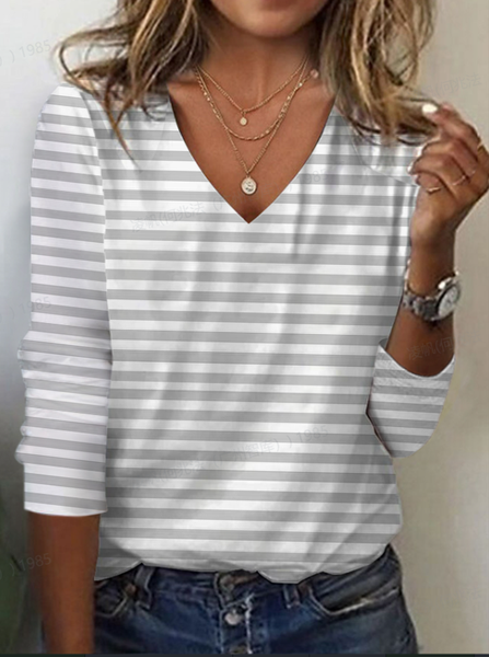 Women's Striped Long Sleeve Tee T-shirt V Neck Printing Casual Spring/Fall Graphic Tee Top, JustFashionNow T-Shirts, color:Light Gray|size:XXL,