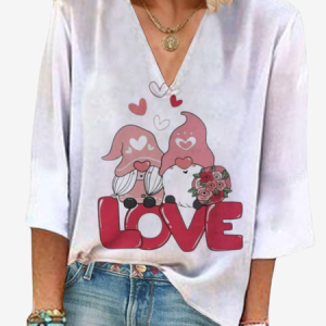 Women's Valentine's Day Gnomes Love Print Three Quarter Sleeve Blouse, JustFashionNow Blouses, color:White|size:XXL,