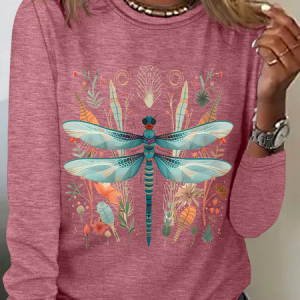Dragonfly Flowers Casual Long Sleeve Shirt, Long sleeves, Lilicloth.com