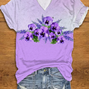 Women's Purple Flower Alzheimer's Awareness Support Print V-Neck Tee, T-shirts, Lilicloth.com
