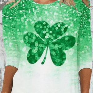 Women's St Patricks Day Shamrock Floral Print Casual Long Sleeve Crew Neck T-Shirt, JustFashionNow T-Shirts, color:Green|size:XXL,