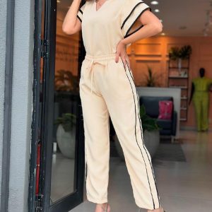 2 Pieces Outfit Colorblock Striped Print V Neck Bell Sleeve Top and Casual Drawstring Pants Set, women Two-piece Sets, ChicMe catalog