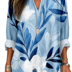 Women's Artistic Floral Print Elegant Casual V-Neck Shirt, Blouses, Lilicloth.com