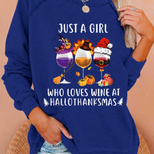 Women's Just A Girl Who Loves Wine At Hallothanksmas Print Casual Sweatshirt, Hoodies&Sweatshirts, Lilicloth.com