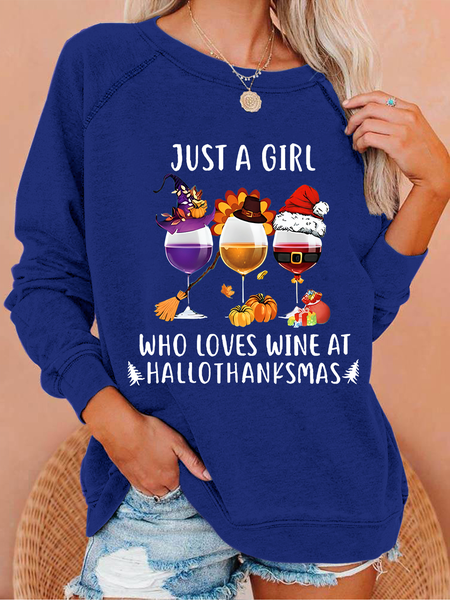 Women's Just A Girl Who Loves Wine At Hallothanksmas Print Casual Sweatshirt, Hoodies&Sweatshirts, Lilicloth.com