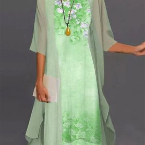 Elegant Floral Short sleeve Woven Dress two-piece, Midi, color:Green|size:3XL, catalog Noracora shop