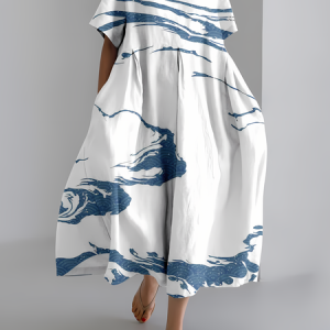 Women's Art Stripe Print Vintage Round Neck Pleated Dress, Dresses, Lilicloth.com
