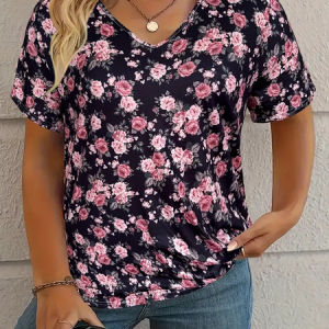 Women's Floral Short Sleeve Tee T-shirt V Neck Printing Casual Summer Graphic Tee Top, JustFashionNow T-Shirts, color:As Picture|size:XXL,