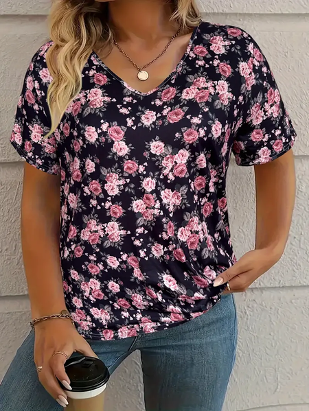 Women's Floral Short Sleeve Tee T-shirt V Neck Printing Casual Summer Graphic Tee Top, JustFashionNow T-Shirts, color:As Picture|size:XXL,