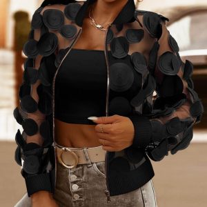 Floral Pattern Sheer Mesh Baseball Collar Coat Zip Up See Through Casual Jacket, women Jackets & Coats, ChicMe catalog