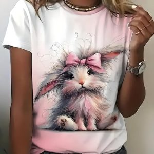 Women's Easter Cute Bunny Printed Round Neck Short Sleeve T-Shirt, T-shirts, Lilicloth.com