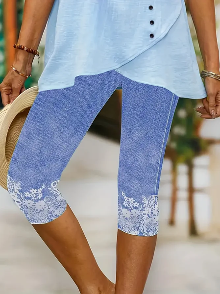 Women's Trousers Elastic Waist Legging Daily Going Out Casual Printing Floral Summer Capri Pants, JustFashionNow Leggings, color:Deep Blue|size:XXL,