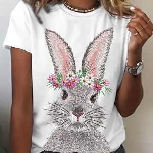 Women's Easter Bunny Print Crew Neck T-Shirt, T-shirts, Lilicloth.com