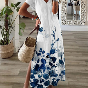 Women's Floral Short Sleeve Summer Printing Dress V Neck Daily Casual Maxi X-Line Dress, JustFashionNow Casual Dresses, color:White|size:3XL,