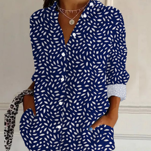 Women's Floral Long Sleeve Shirt Spring/Fall Buckle Shirt Collar Daily Casual Top, JustFashionNow Shirts, color:Navyblue|size:XXL,