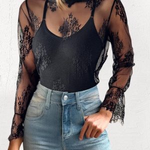 Lace Mock Neck Long Sleeve T-Shirt Sexy See Through Sheer Mesh Bell Sleeve Top, women T-shirt & Tees, ChicMe catalog