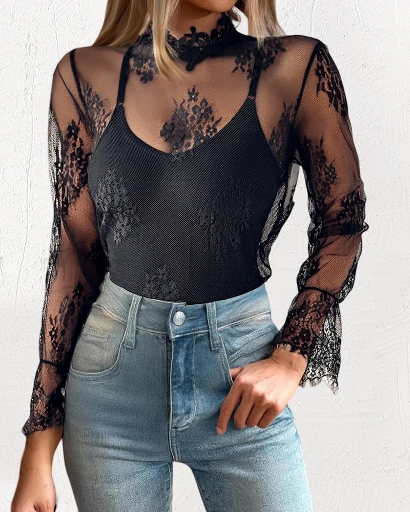 Lace Mock Neck Long Sleeve T-Shirt Sexy See Through Sheer Mesh Bell Sleeve Top, women T-shirt & Tees, ChicMe catalog