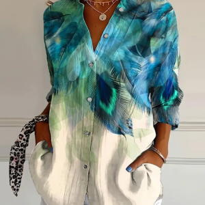 Women's Long Sleeve Shirt Spring/Fall As Picture Feather Buckle Shirt Collar Daily Going Out Casual Top, Blouses, Lilicloth.com