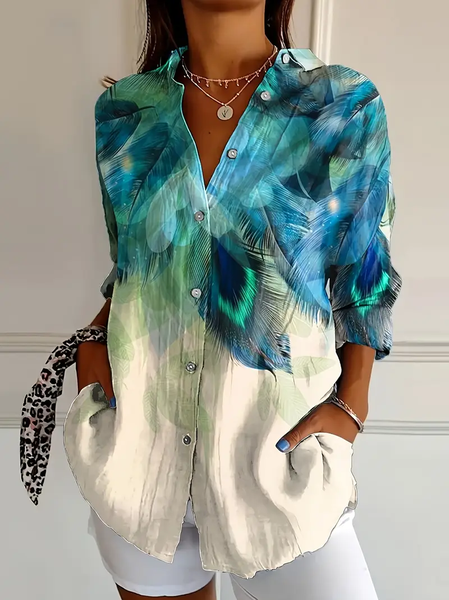 Women Feather Long Sleeve Shirt Spring/Fall Buckle Shirt Collar Daily Casual Top, JustFashionNow Shirts, color:As Picture|size:XXL,