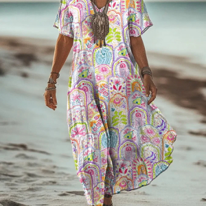 Women Paisley V Neck Short Sleeve Comfy Vintage Maxi Dress, Dresses, color:As Picture|size:4XL, catalog Noracora shop