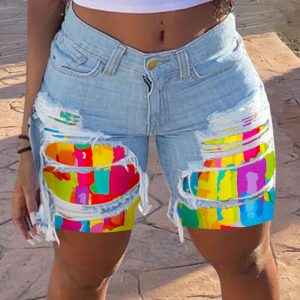 Melting Colors Print Colorblock Patchwork Denim Shorts, women Denim Shorts, ChicMe catalog
