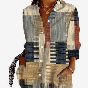 Women's Long Sleeve Shirt Spring/Fall Geometric Shirt Collar Daily Going Out Casual Top, JustFashionNow Shirts, color:Purplish blue|size:XXL,