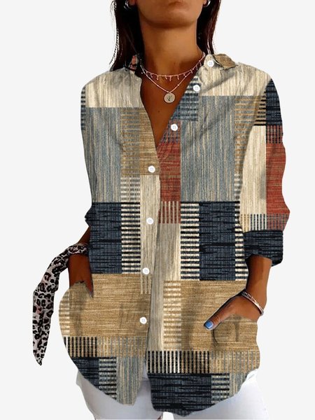 Women's Long Sleeve Shirt Spring/Fall Geometric Shirt Collar Daily Going Out Casual Top, JustFashionNow Shirts, color:Purplish blue|size:XXL,