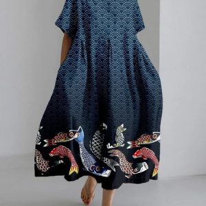 Women's Japanese Art Print Vintage Round Neck Pleated Maxi Dress, Dresses, Lilicloth.com