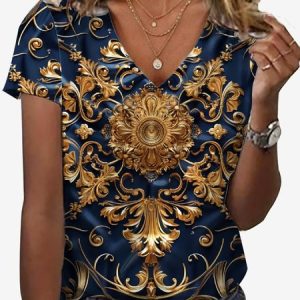 Women's Short Sleeve Tee T-shirt Summer Ethnic Jersey V Neck Holiday Going Out Casual Top, JustFashionNow T-Shirts, color:Purplish Blue|size:XXL,
