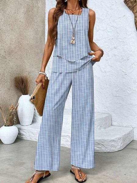 Women's Striped Two-Piece Set Daily Sleeveless Casual Summer Top With Pants Matching Set, JustFashionNow Suit Set, color:Blue|size:XXL,
