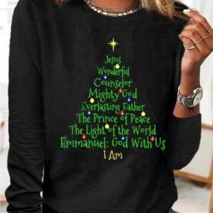 Women's T shirt Tee Black Christmas Tree Text Print Long Sleeve Christmas Crew Neck T-Shirt, JustFashionNow T-Shirts, color:Black|size:XXL,