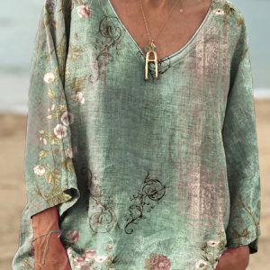 Women's Vintage Ethnic Floral Art Patterns Print V-neck Comfortable Cotton T-shirt, Long sleeves, Lilicloth.com